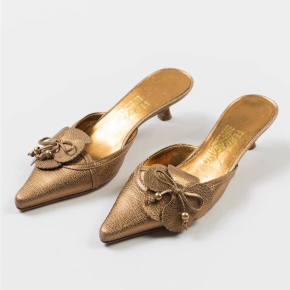 Salvator Ferragamo Gold Floral Kitten Heel Open Back Heels - Picture 4 of 13